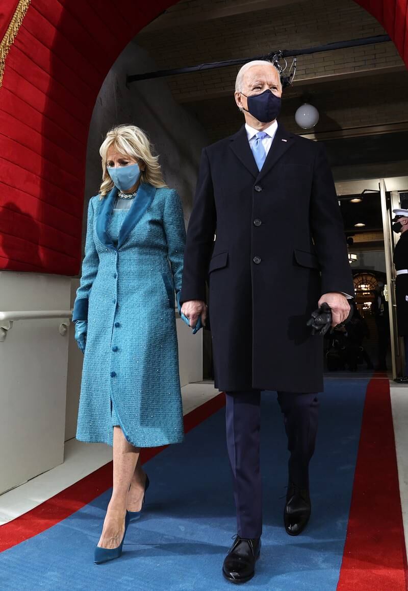 For US President Joe Biden's inauguration, Jill Biden wore a custom dress and overcoat by Markarian on January 20, 2021. EPA