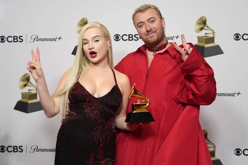 Kim Petras, left, and Sam Smith, winners of the award for Best Pop Duo/Group Performance for Unholy. AP