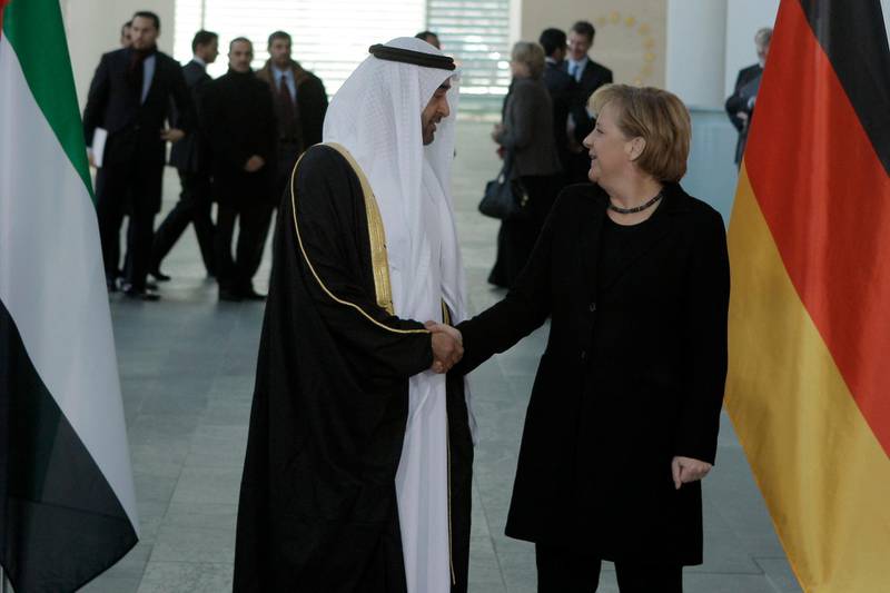 BERLIN, GERMANY - January 12, 2008: (left) General Sheikh Mohammed bin Zayed Al Nahyan, Crown Prince of Abu Dhabi and Deputy Supreme Commander of the UAE Armed Forces, Chairman of the Executive Council of the Emirate of Abu Dhabi meets with (right) German Chancellor Angela Merkel, before discussing relations between the two countries and the current situations in the Middle East. A delegation from the United Arab Emirates arrived last night to meet with German politicians and business representatives today and tomorrow.( Ryan Carter / The National ) *** Local Caption ***  RC002-Berlin.jpg