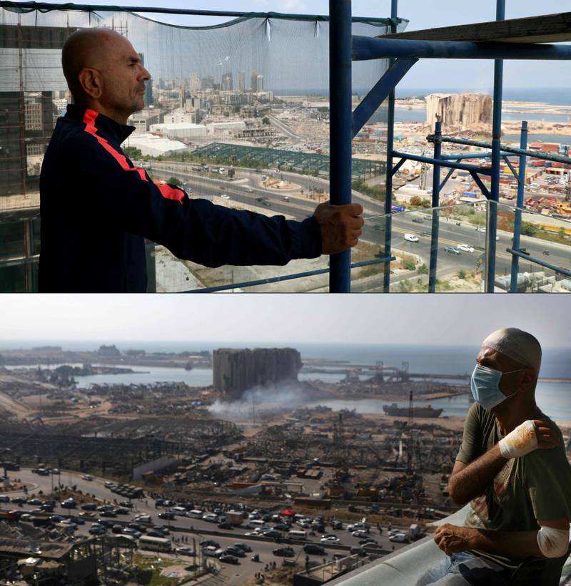 Top: Antoun Al Ahwaji, a victim of the August 4 Beirut port blast, standing on the balcony of his renovated apartment overlooking Beirut’s grain silos on August 2, 2022. Below: A photo taken on August 6, 2020 of him injured two days after the explosion.