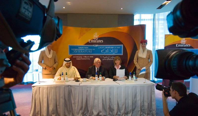 Saeed Al Nabouda(L) the Chief Project Officer for Dubai Culture & Arts Authority, Maurice Flanagan(C) the Executive Vice Chairman of Emirates Airline and Isobel Abulhoul(R) the Director of the Emirates Airline International Festival of Literature  speak to the media at a Press Conference on Wednesday, November 12, 2008 about the upcoming Emirates Airline International Festival of Literature to be held Feb.26 - Mar. 1, 2009. Photo: Charles Crowell for The National 