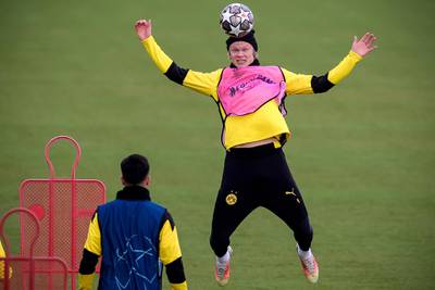 Borussia Dortmund's Erling Braut Haaland during a training session on the eve of their Champions League quarter-final second leg against Manchester City. EPA