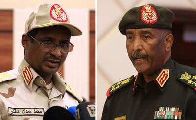 Sudan's army chief Abdel Fattah Al Burhan, right, and his one-time ally Gen Mohamed Dagalo, commander of the Rapid Support Forces. AFP