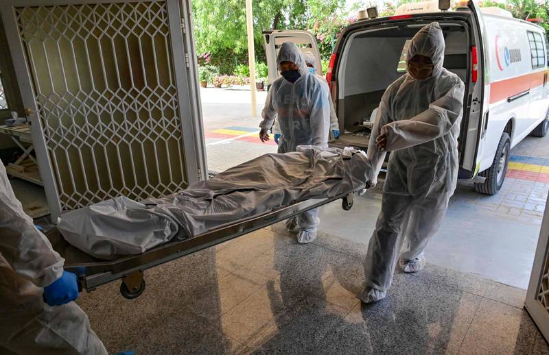 Employees transport the body of a COVID-19 victim to be cremated at the New Sonapur Hindu crematorium in the Gulf Emirate of Dubai on April 19, 2020. / AFP / GIUSEPPE CACACE
