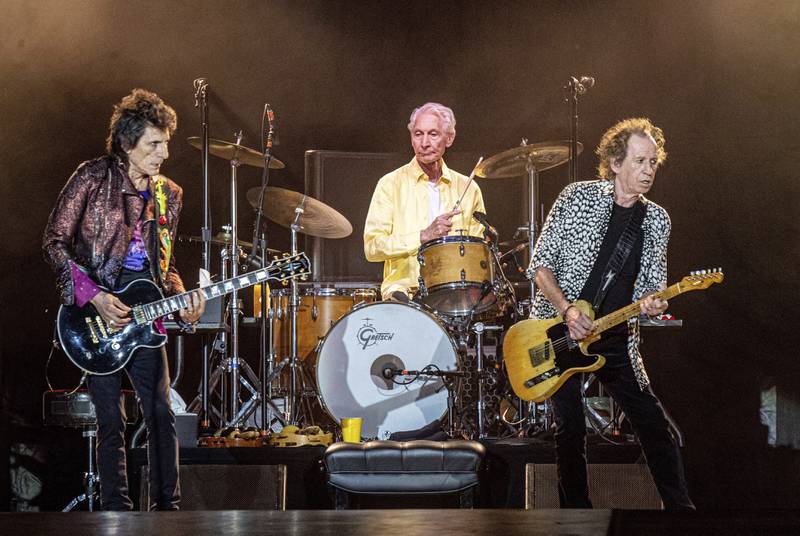 Ronnie Wood, from left, Charlie Watts and Keith Richards of The Rolling Stones perform on  July 15, 2019, in New Orleans.  AP