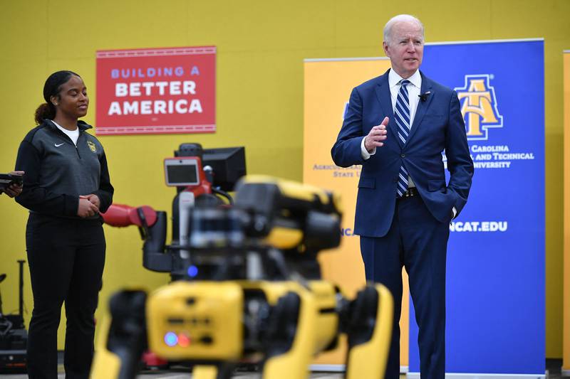 President Joe Biden visits a robotics lab during a visit to North Carolina Agricultural and Technical State University in Greensboro. AFP