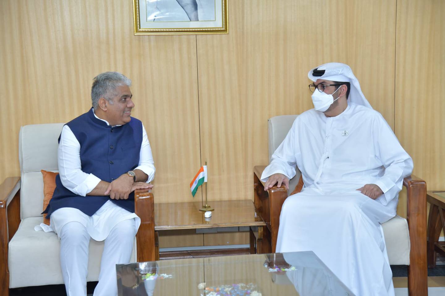 Dr Sultan bin Ahmed Al Jaber, the UAE’s Minister of Industry and Advanced Technology and special envoy for climate change, meets Bhupender Yadav, India’s Minister of Environment, Forest and Climate Change, and Minister of Labour and Employment. Photo: Wam