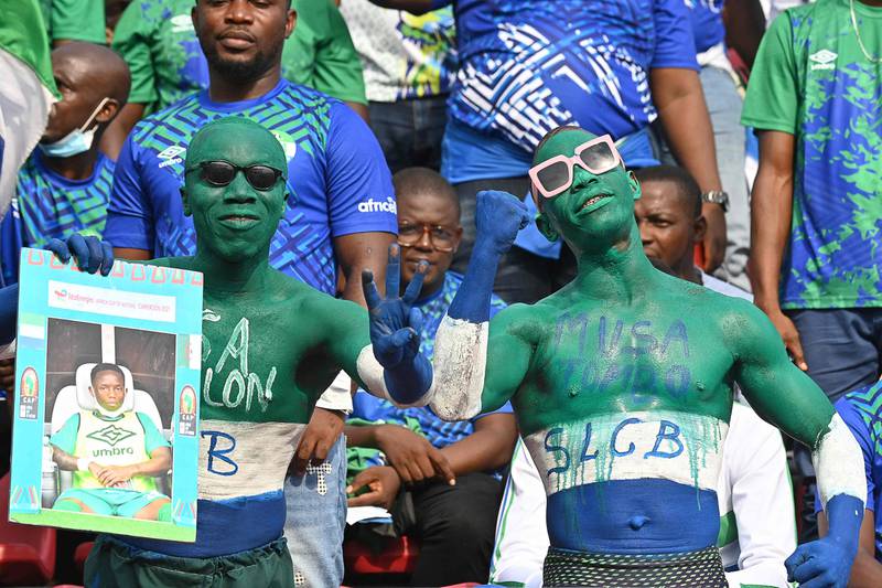 Sierra Leone supporters cheer prior to the Africa Cup of Nations match against Equatorial Guinea at Limbe Omnisport Stadium in Limbe on January 20, 2022.  AFP