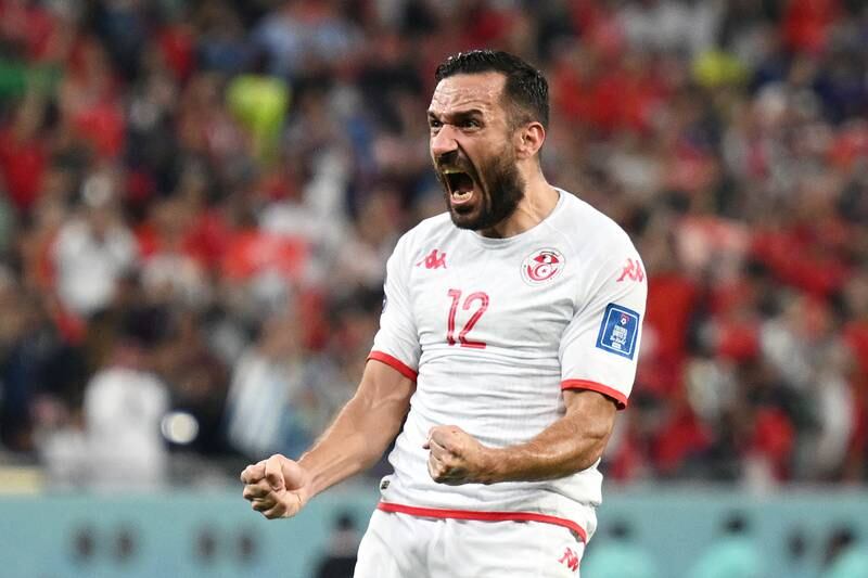 Ali Maaloul celebrates after Wahbi Khazri put Tunisia ahead. Getty 