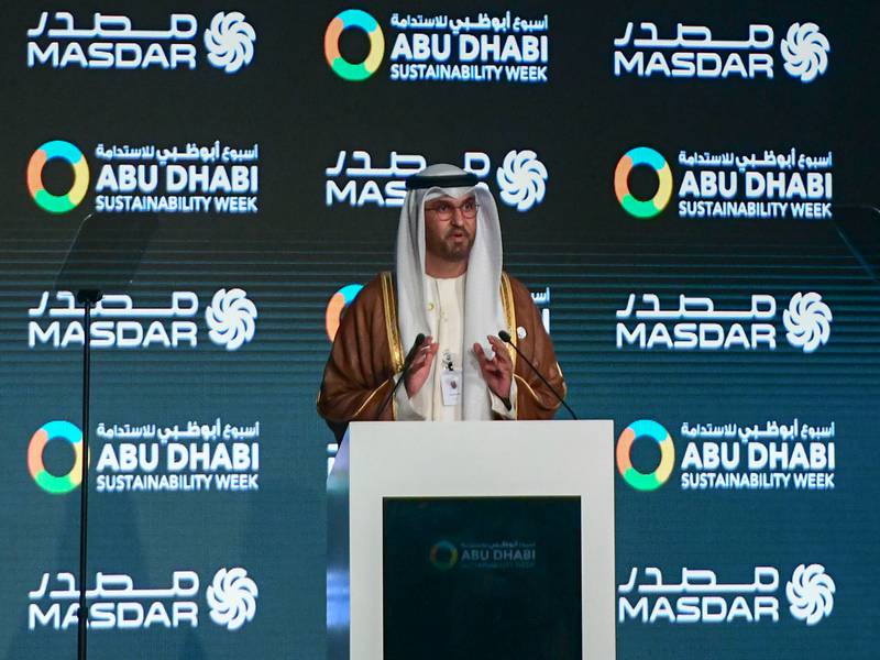 Dr Sultan Al Jaber, Cop28 President-designate and the UAE's special envoy on climate change, speaks at the opening of Abu Dhabi Sustainability Week. Khushnum Bhandari / The National