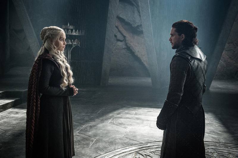This photo provided by HBO shows Emilia Clarke as â€œMother of Dragonsâ€ Daenerys Targaryen and Kit Harington as Jon Snow in a scene from HBO's "Game of Thrones." Most fans of the HBO hit series were enthralled to see Daenerys finally meet the resurrected Snow on the episode that aired Sunday, July 30, 2017. But, from an economic perspective, there were a number of missed opportunities. Doesnâ€™t anyone on this show want to make a bundle? (Helen Sloan/Courtesy of HBO via AP)