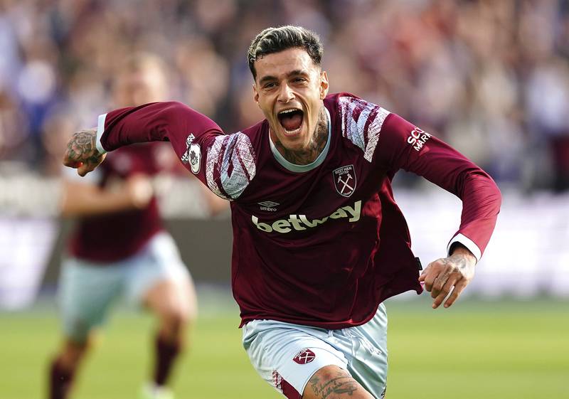Gianluca Scamacca celebrates scoring West Ham United's  second goal in their Premier League win over Fulham at the London Stadium on Sunday October 9, 2022. PA