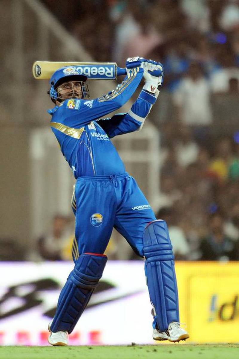 Harbhajan Singh of Mumbai Indians plays a shot during the 2010 DLF Indian Premier League T20 group stage match between Deccan Chargers and Mumbai Indians played at DY Patil Stadium on March 28, 2010 in Mumbai, India.  (Photo by Pal Pillai-IPL 2010/IPL via Getty Images)