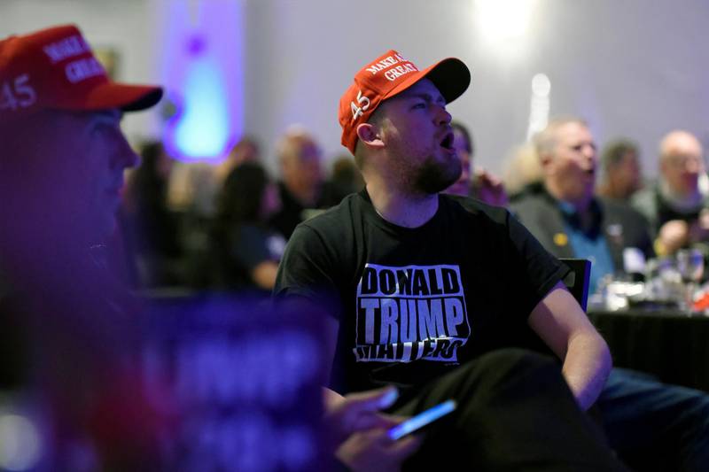 Trump supporters react to Minnesota being called for former Vice President Joe Biden on Fox News during the 2020 presidential election at the DoubleTree Hotel in Bloomington, Minnesota, U.S. November 3, 2020. REUTERS