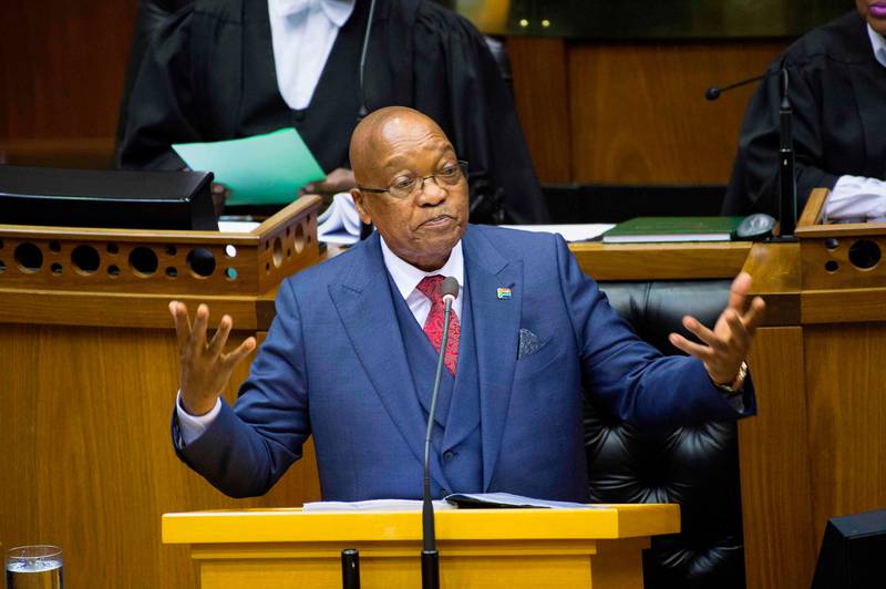 South African President Jacob Zuma answers questions during the last presidential answer session this year, in the South African Parliament, on November 2, 2017, in Cape Town.
Zuma faces increasing pressure and criticism about South Africa's possible downgrading by financial rating agencies, his connection to the Gupta family of businessmen. The Economic Freedom Fighters(EFF) political party, who have disrupted several of these Presidential Answer sessions, boycotted this sitting. / AFP PHOTO / RODGER BOSCH