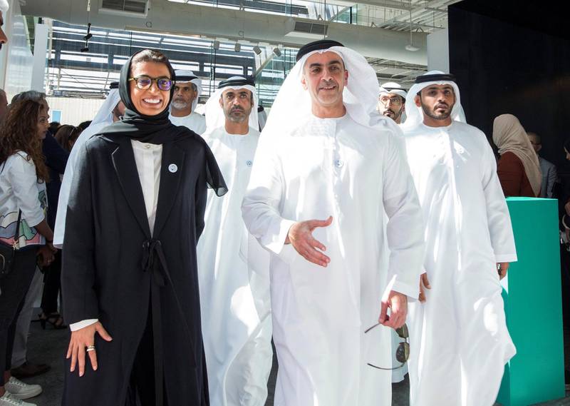 ABU DHABI, UNITED ARAB EMIRATES - HH Sheikh Saif bin Zayed Al Nahyan, Minister of Interior  with HE Noura AL Kaabi, UAE Minister of Culture and Knowledge Development at the Al Burda Festival, Shaping the Future of Islamic Art and Culture at Warehouse 421, Abu Dhabi.  Leslie Pableo for The National for Melissa Gronlund’s story