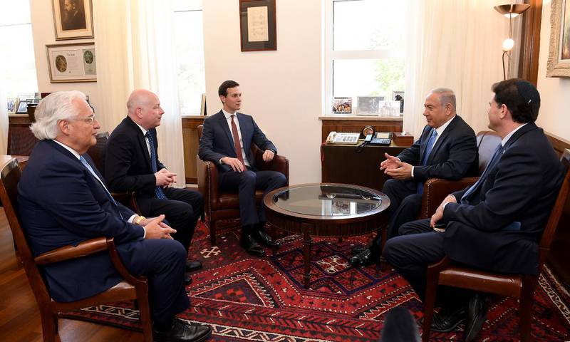 epa06830799 A handout photo made available by the US Embassy Jerusalem shows US Senior Presidential Advisor Jared Kushner (3-L) and Special Representative for International Negotiations Jason Greenblatt (2-L) meeting with Israeli Prime Minister Benjamin Netanyahu (2-R) at the Prime Minister's office in Jerusalem, 22 June 2018. Others are not identified.  EPA/MATTY STERN / US EMBASSY JERUSALEM HANDOUT  HANDOUT EDITORIAL USE ONLY/NO SALES
