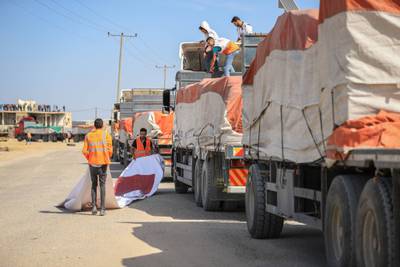 A convoy carrying humanitarian aid arrives in Rafah after crossing into the Gaza Strip from Egypt. Bloomberg