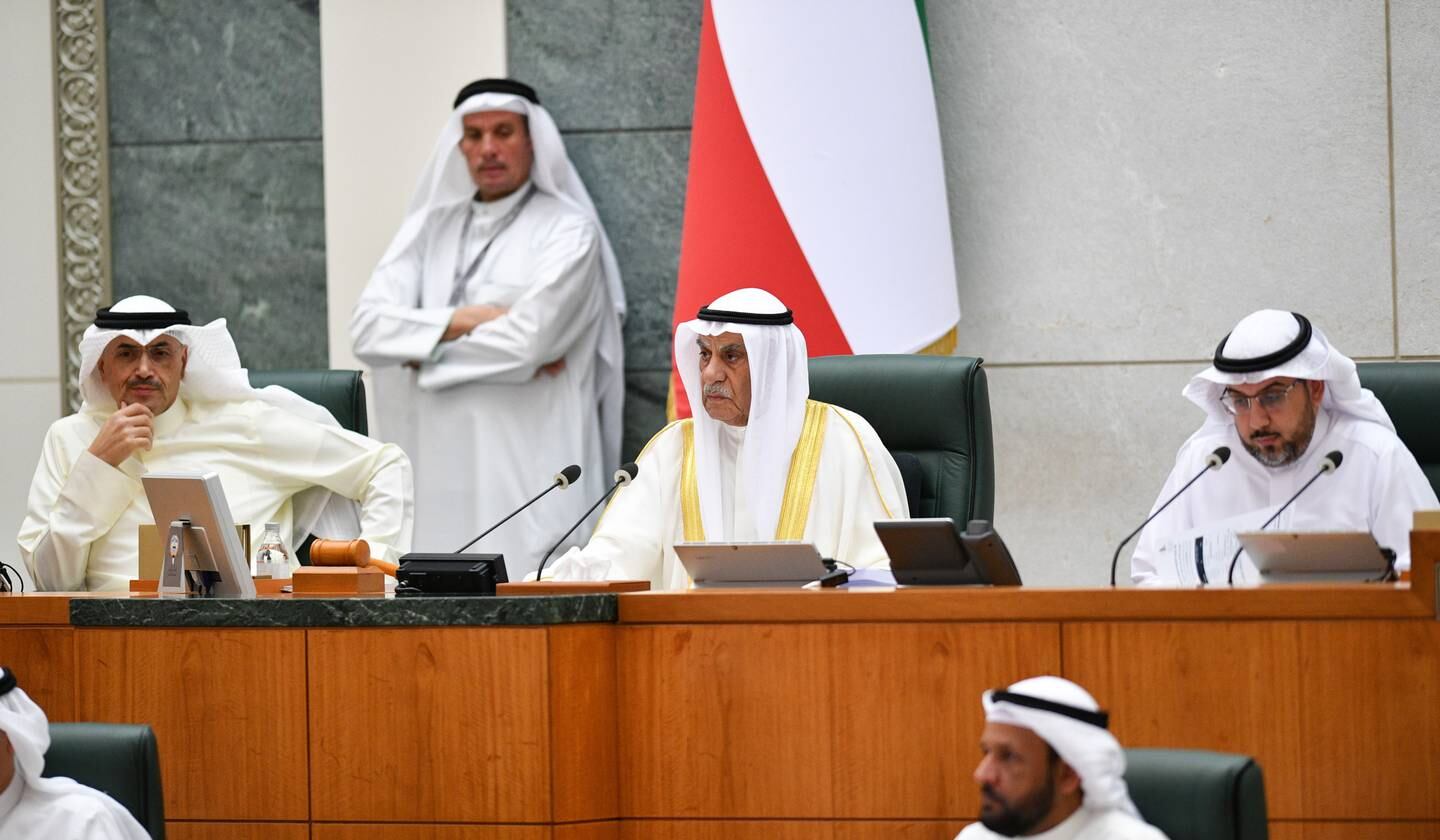 Kuwaiti parliament speaker Ahmad Abdulaziz Al-Sadoun, centre, during the Kuwait parliament special session in Kuwait City, October 25, 2022. EPA