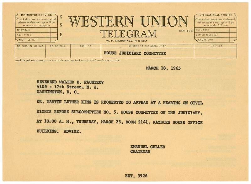 A 1965 telegram note requesting King's appearance before the House subcommittee on voting rights.