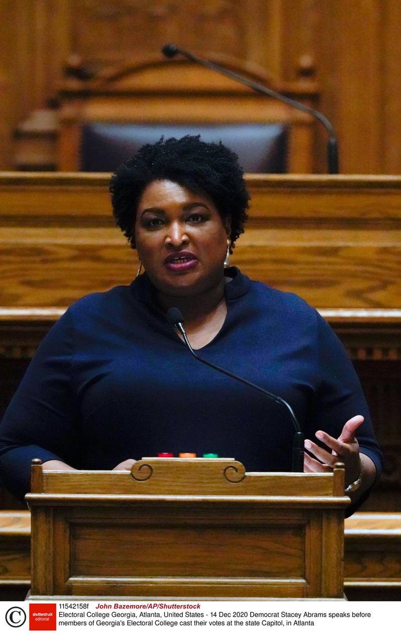 Mandatory Credit: Photo by John Bazemore/AP/Shutterstock (11542158f)
Democrat Stacey Abrams speaks before members of Georgia's Electoral College cast their votes at the state Capitol, in Atlanta
Electoral College Georgia, Atlanta, United States - 14 Dec 2020