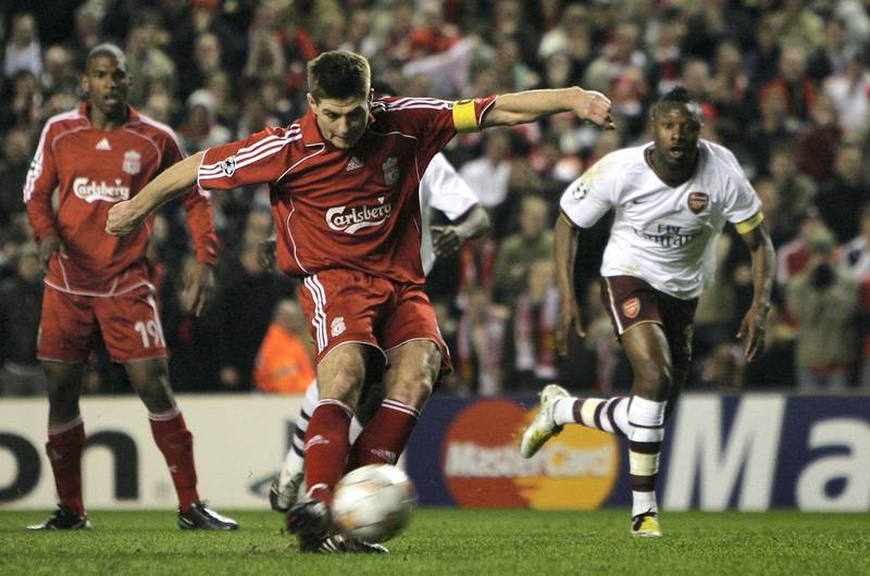 LIVERPOOL, UNITED KINGDOM - APRIL 8:  Steven Gerrard of Liverpool scores his team's third goal from the penalty spot during the UEFA Champions League Quarter Final, second leg match between Liverpool and Arsenal at Anfield on April 8, 2008 in Liverpool, England. (Photo by Clive Brunskill/Getty Images)