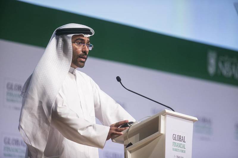 Ahmed Al Sayegh, chairman of Abu Dhabi Global Market, gives his keynote speech at the NBAD Global Financial Markets Forum. Mona Al Marzooqi / The National 
