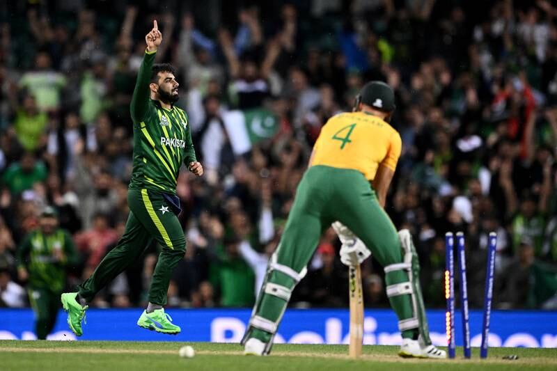 Shadab Khan celebrates taking the wicket of Aiden Markram of South Africa at the Sydney Cricket Ground. EPA