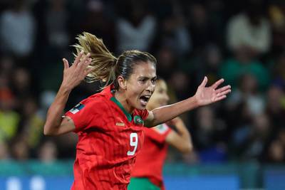 Morocco's Ibtissam Jraidi celebrates her team's first goal against Colombia at the Perth Rectangular Stadium. AFP