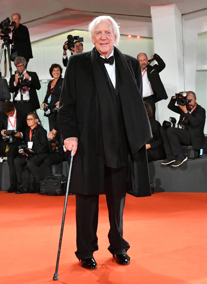 Donald Sutherland arrives for the screening of 'The Burnt Orange Heresy' during the closing night of the 76th Venice Film Festival on September 7, 2019. AFP