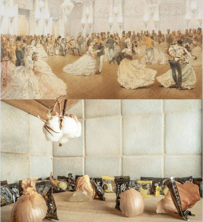 Mihai Zici's 'Ball in the Winter Palace Concert Hall during the official visit of Shah-ad-day in May 1873', recreated with sweets, onions, paper clips and more. Mikolaj Dadela / Facebook  
