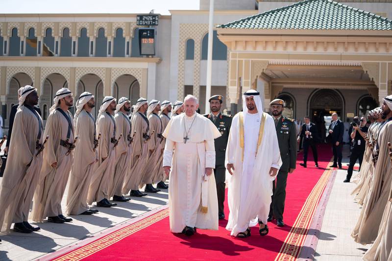 ABU DHABI, UNITED ARAB EMIRATES - February 05, 2019: Day three of the UAE Papal visit - HH Sheikh Mohamed bin Zayed Al Nahyan, Crown Prince of Abu Dhabi and Deputy Supreme Commander of the UAE Armed Forces (R), bids farewell to His Holiness Pope Francis, Head of the Catholic Church (L), at the Presidential Airport. 


( Mohamed Al Hammadi / Ministry of Presidential Affairs )
---