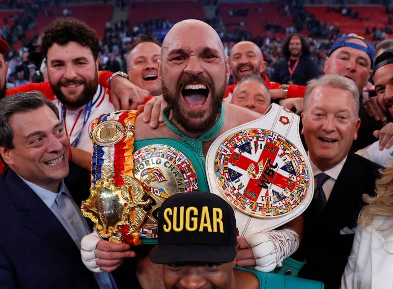 Tyson Fury celebrates after winning his fight against Dillian Whyte at Wembley Stadium, London. Reuters