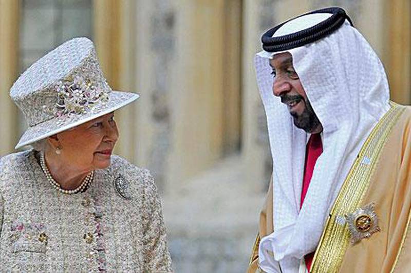 Queen Elizabeth II speaks to the President of the United Arab Emirates, His Highness Sheikh Khalifa bin Zayed Al Nahyan, during a ceremonial welcome at Windsor Castle. Toby Melville / WPA Pool / Getty Images