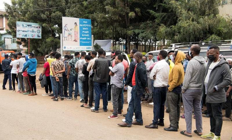 People queue outside a polling station during the Ethiopian parliamentary and regional elections in Addis Ababa, Ethiopia. Reuters