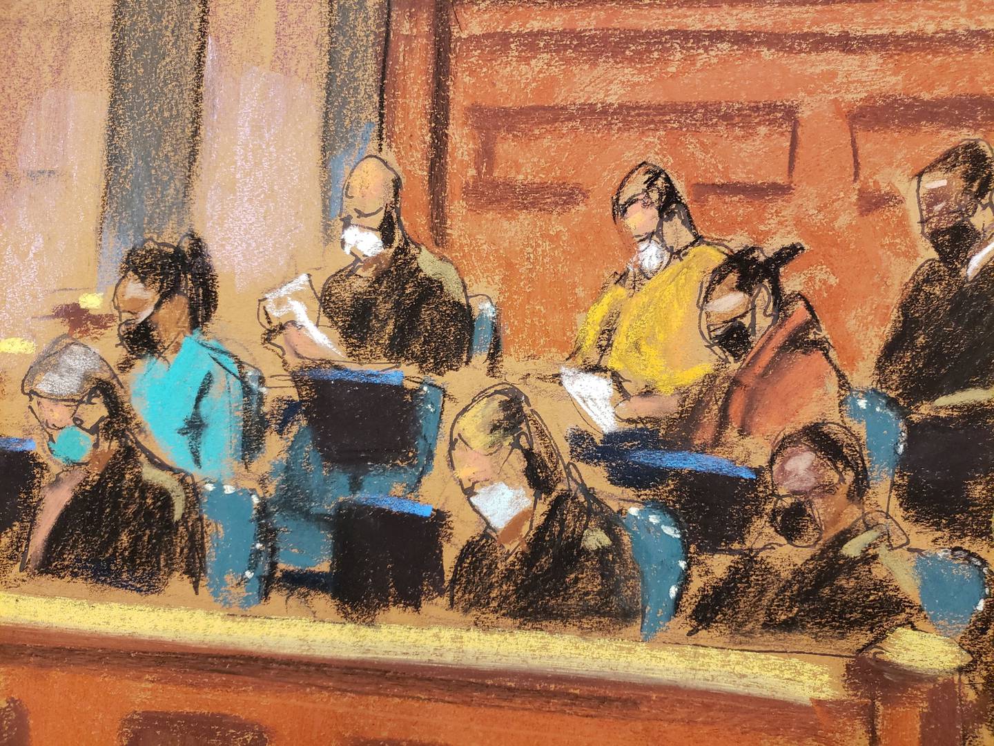The jury receives their instructions before beginning deliberations during the trial of Ghislaine Maxwell, the Jeffrey Epstein associate accused of sex trafficking, in a courtroom sketch in New York City. Reuters