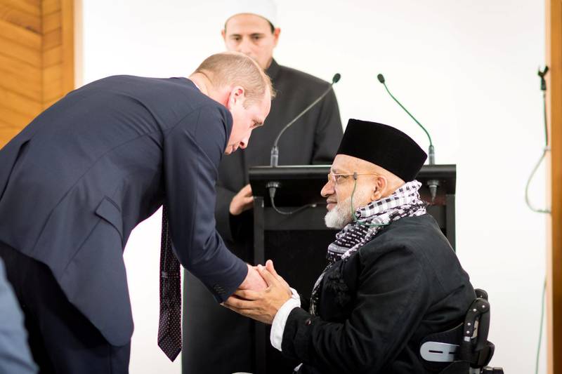 Prince William greets Farid Ahmed during his visit to Al Noor mosque. Reuters