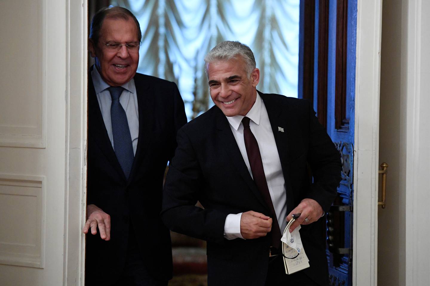 Russian Foreign Minister Sergei Lavrov, left, and his Israeli counterpart, Yair Lapid met in Moscow, Russia, on September 9. Reuters