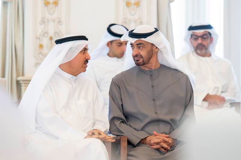 Sheikh Mohamed speaks with Saqr Ghobash, Speaker of the Federal National Council. Photo: Presidential Court

