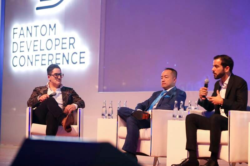 Moe Levin, chief executive and founder of Keynote, moderating a panel discussion with Harry Yeh, managing director of Quantum FinTech Group, and Gabriel Abed, co-founder and chief executive of Bitt, at the Fantom Developer Conference in Abu Dhabi. Khushnum Bhandari / The National