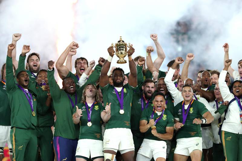 Siya Kolisi of South Africa lifts the Web Ellis cup following his team's victory against England in the Rugby World Cup 2019 Final between England and South Africa at International Stadium Yokohama in Yokohama, Kanagawa, Japan. Getty Images