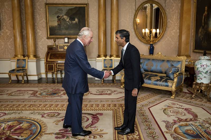 King Charles III welcomed Mr Sunak to Buckingham Palace on Tuesday and invited him to form a new government. AP