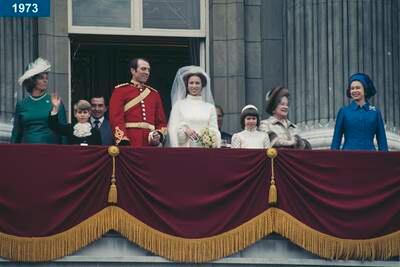 1973: Anne, the Princess Royal and Mark Phillips with the queen on the balcony of Buckingham Palace in London after their wedding.