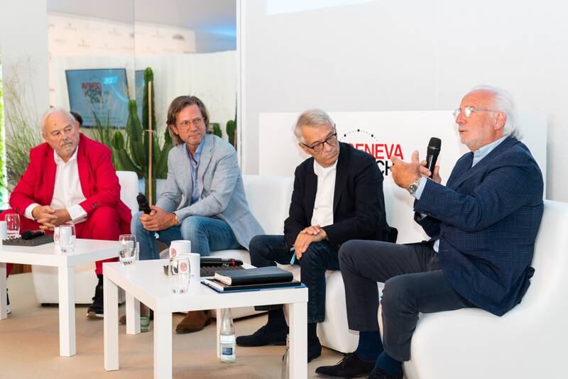 From left, the founders of Horopedia Philippe Dufour, Marc Andre, Helmut Crott and Andre Colard at Geneva Watch Days in August 2022. Photo: Horopedia