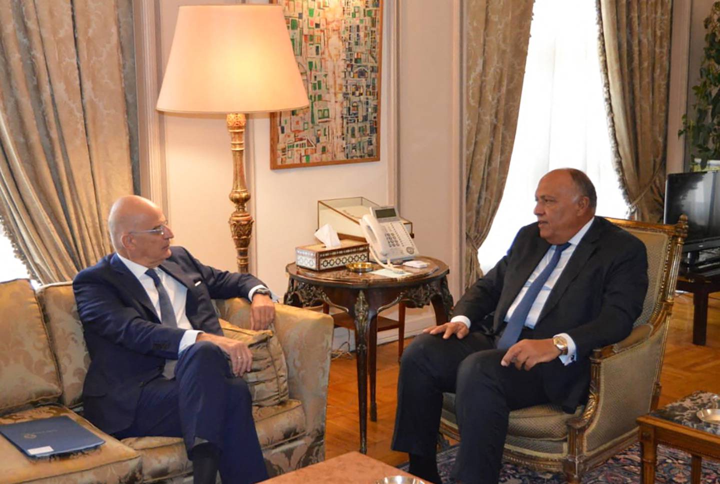Egyptian Foreign Minister Sameh Shoukry, right, held talks in Cairo with his Greek counterpart Nikos Dendias. AFP