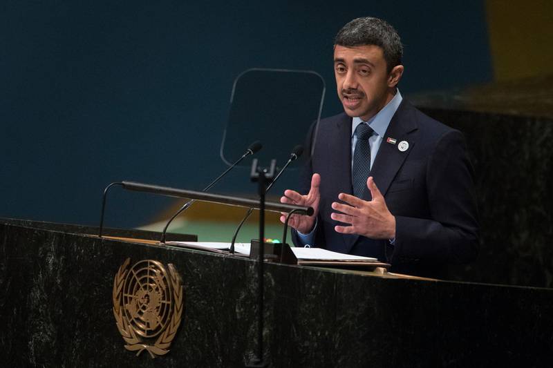 United Arab Emirate's Foreign Minister Sheikh Abdullah Bin Zayed Al Nahyan addresses the 73rd session of the United Nations General Assembly, Saturday, Sept. 29, 2018 at U.N. headquarters. (AP Photo/Mary Altaffer)