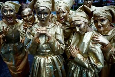 Street performers at a Halloween parade in Galway, Ireland, inspired by the legend of a wild wolf-woman who collects and preserves bones of animals, human beings and gods. Reuters