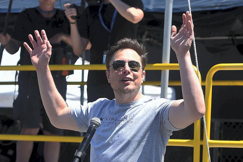 SpaceX, Tesla and The Boring Company founder Elon Musk speaks at the 2018 SpaceX Hyperloop Pod Competition, in Hawthorne, California on July 22, 2018.
Students from colleges and universities from the US and around the world are taking part in testing their pods on a 1.25 kilometer-long (0.75-mile) tubular test track at the SpaceX headquarters.
 / AFP PHOTO / Robyn Beck