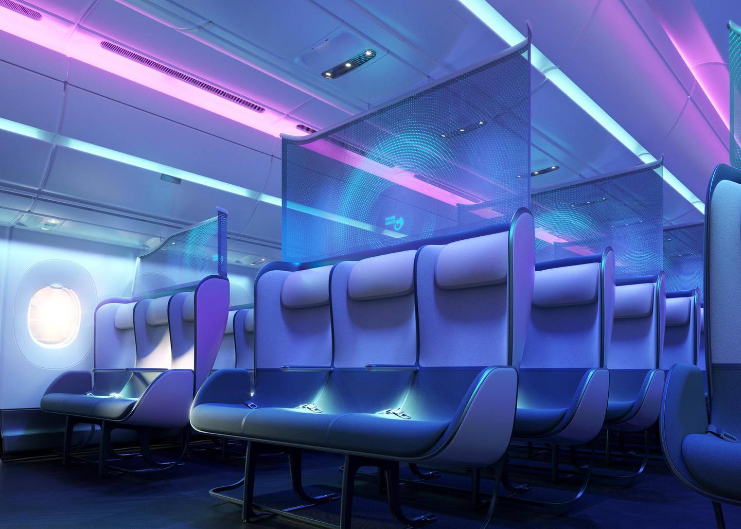 Purple lighting helps facilitate the transition between boarding and in-flight mode. Courtesy PriestmanGoode