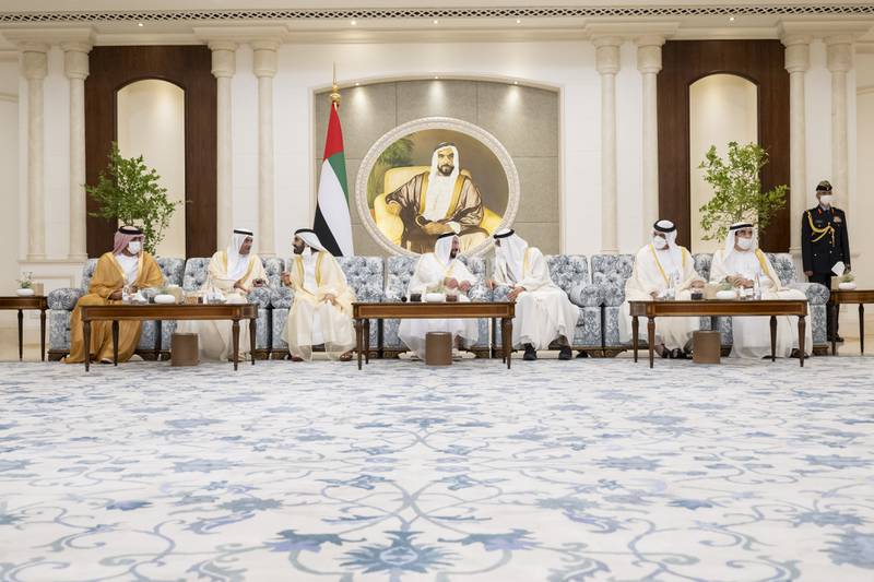 Sheikh Mohamed bin Zayed, Crown Prince of Abu Dhabi and Deputy Supreme Commander of the Armed Forces, third right, speaks with Sheikh Dr Sultan bin Muhammad Al Qasimi, Ruler of Sharjah, fourth left. Sheikh Mohammed bin Rashid, Vice President and Ruler of Dubai,third left, speaks with Sheikh Hamad bin Mohammed Al Sharqi, Ruler of Fujairah, second left. Sheikh Saud bin Saqr Al Qasimi, Ruler of Ras Al Khaimah, second right,  Sheikh Saud bin Rashid Al Mualla, Ruler of Umm Al Quwain, right, and Sheikh Ammar bin Humaid Al Nuaimi, Crown Prince of Ajman, left, are also in attendance. Photo: Hamad Al Kaabi / Ministry of Presidential Affairs 